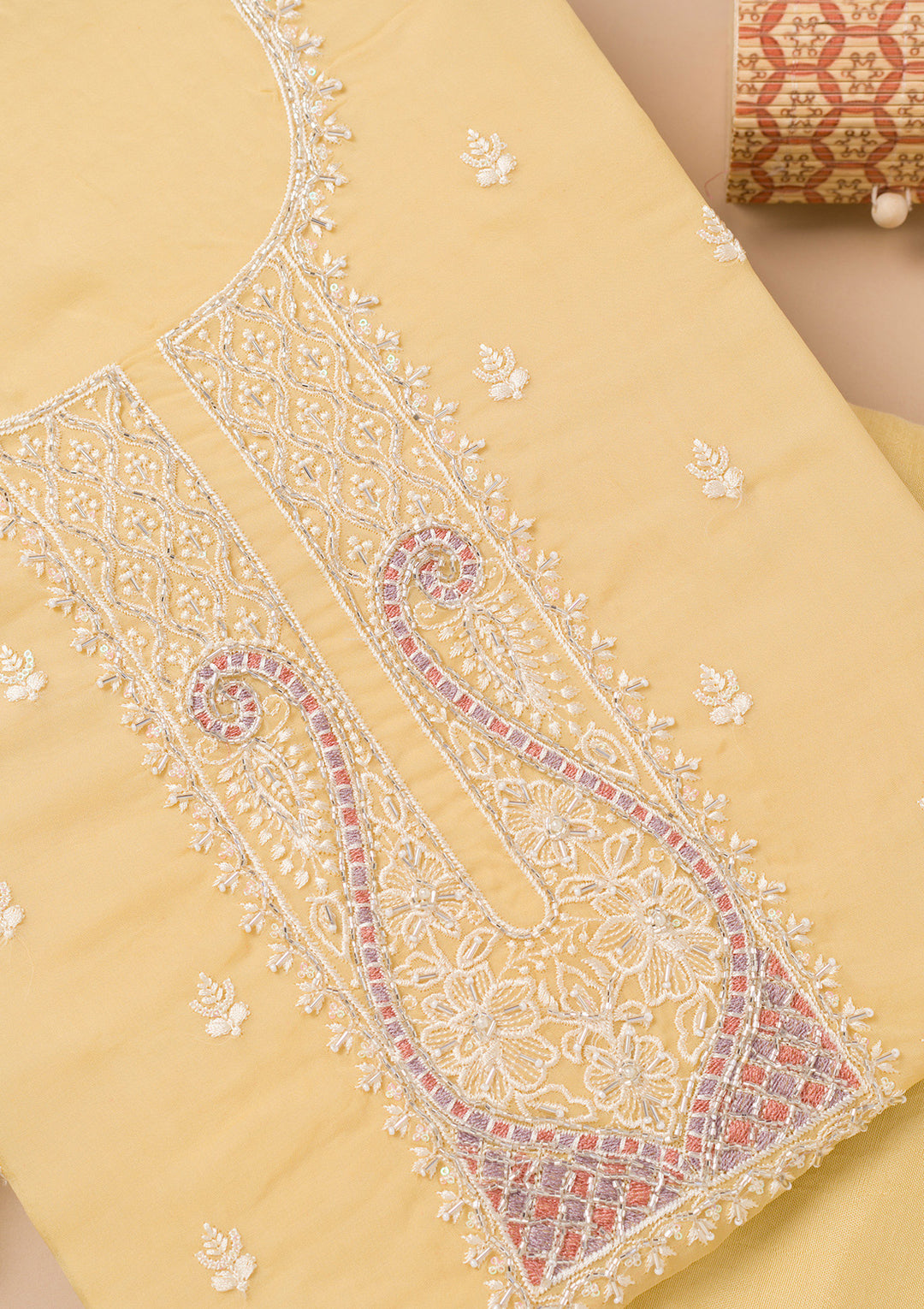 Yellow Threadwork Organza Unstitched Salwar Suit