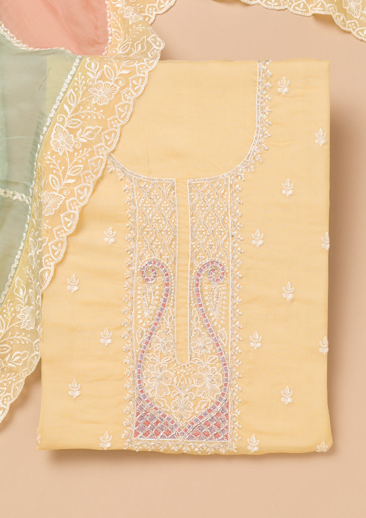 Yellow Threadwork Organza Unstitched Salwar Suit