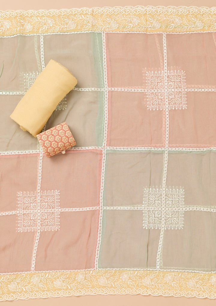 Yellow Threadwork Organza Unstitched Salwar Suit