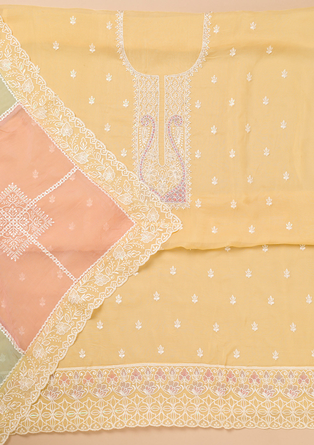 Yellow Threadwork Organza Unstitched Salwar Suit