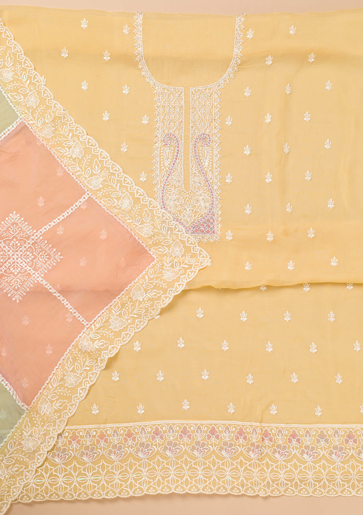 Yellow Threadwork Organza Unstitched Salwar Suit
