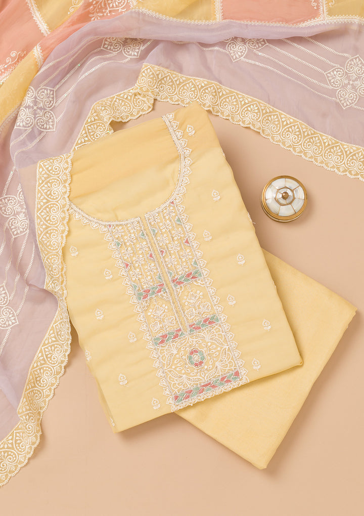 Yellow Threadwork Organza Unstitched Salwar Suit