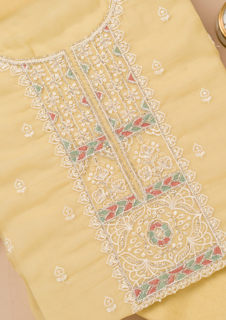 Yellow Threadwork Organza Unstitched Salwar Suit