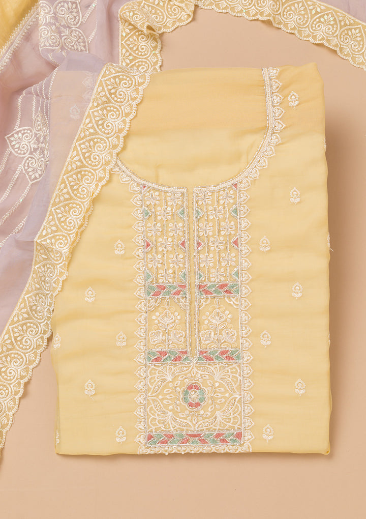 Yellow Threadwork Organza Unstitched Salwar Suit