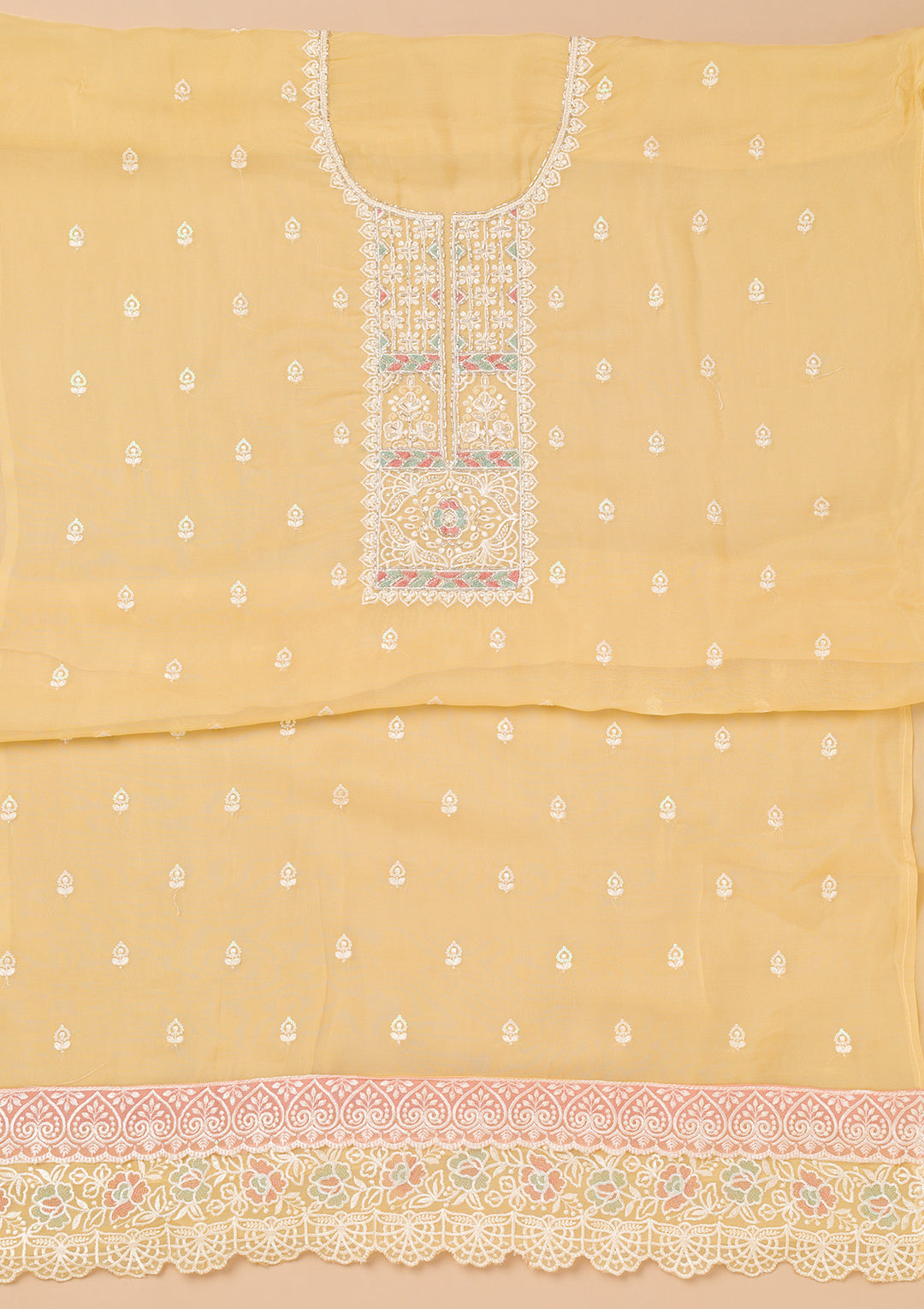 Yellow Threadwork Organza Unstitched Salwar Suit