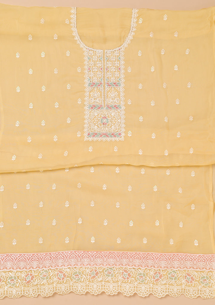 Yellow Threadwork Organza Unstitched Salwar Suit