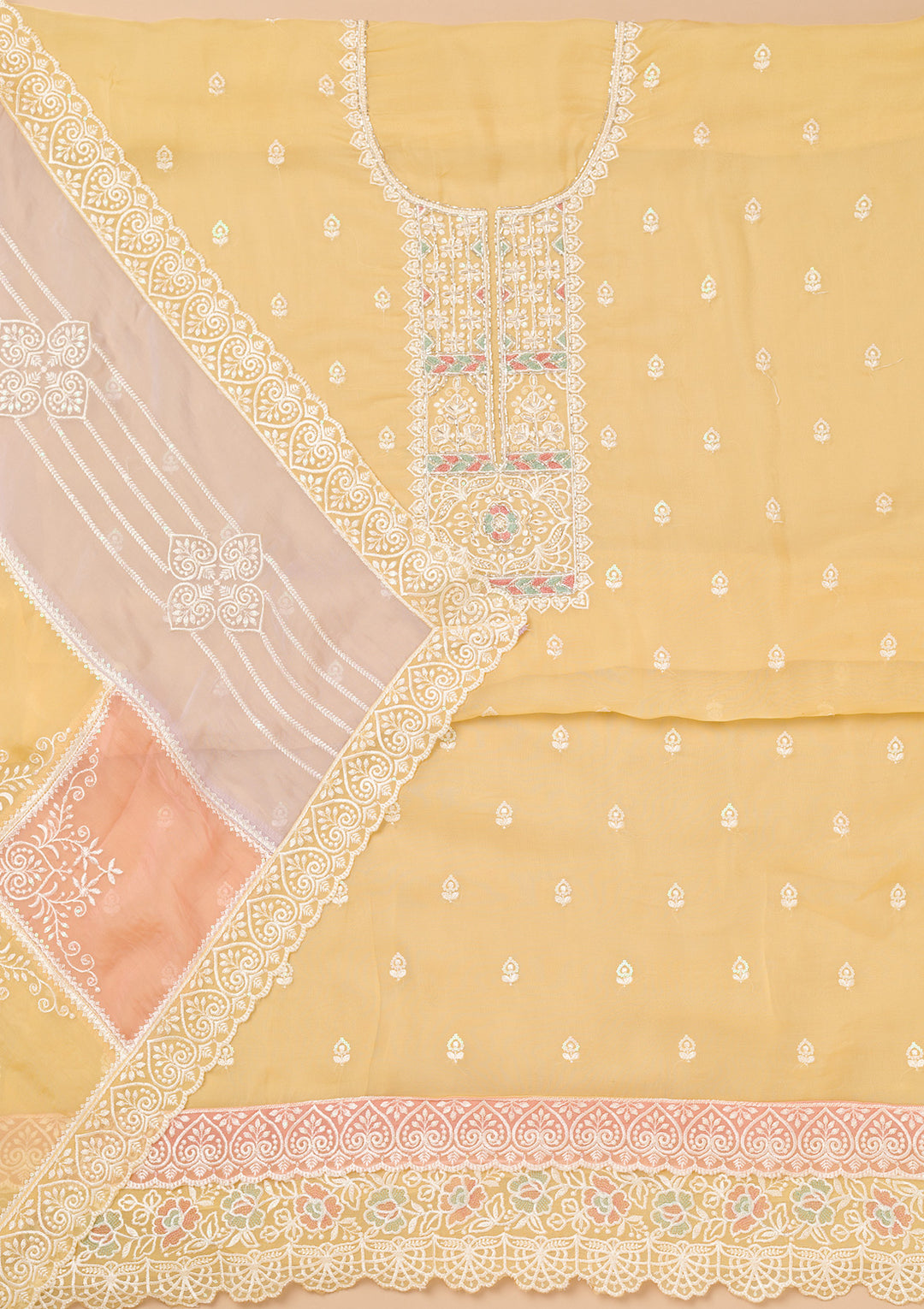 Yellow Threadwork Organza Unstitched Salwar Suit