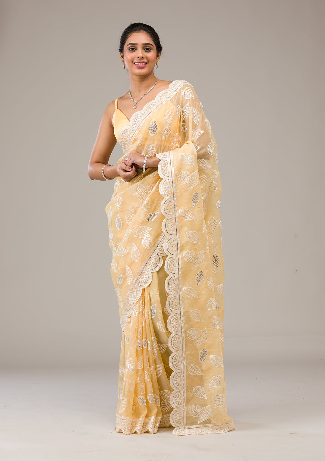 Yellow Organza Threadwork Saree With Matching Blouse Piece