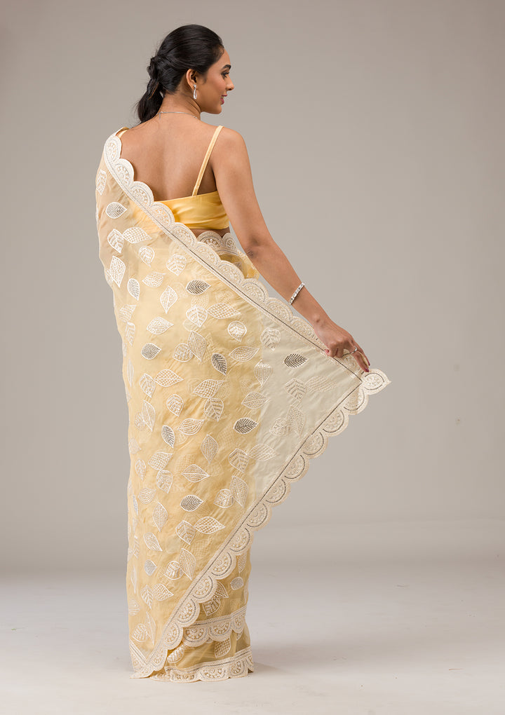 Yellow Organza Threadwork Saree With Matching Blouse Piece