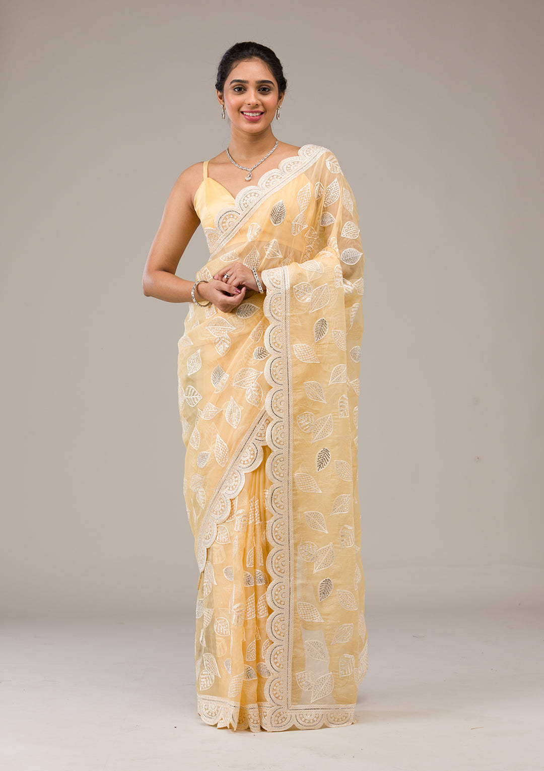 Yellow Organza Threadwork Saree With Matching Blouse Piece