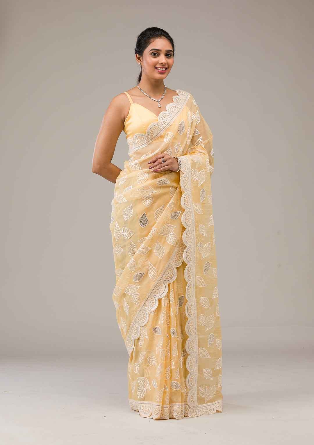 Yellow Organza Threadwork Saree With Matching Blouse Piece