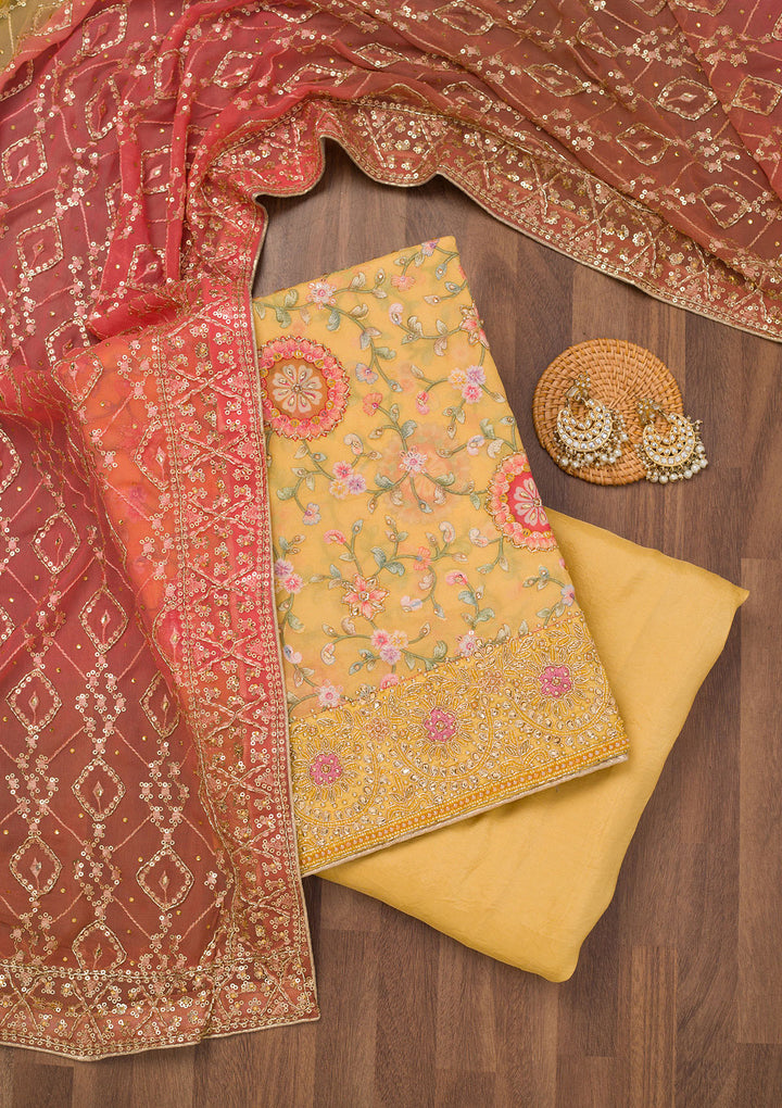 Yellow Crepe Gold Stonework Unstitched Dress Material With Matching Bottom And Dupatta
