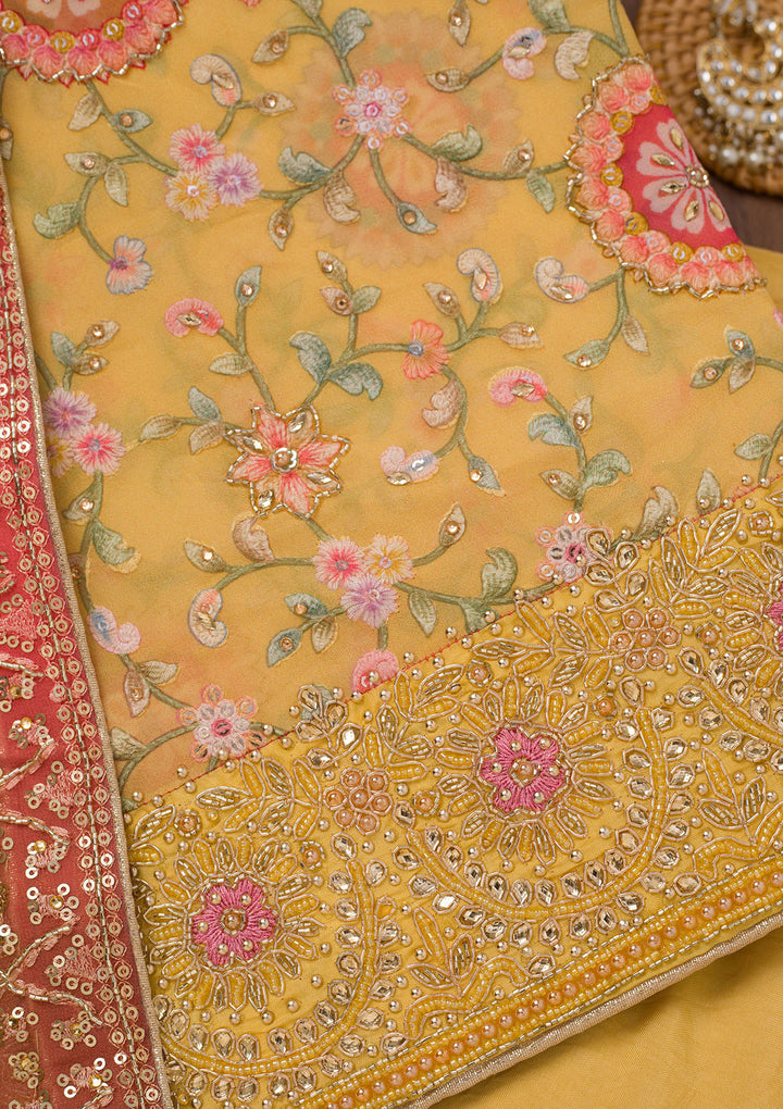 Yellow Crepe Gold Stonework Unstitched Dress Material With Matching Bottom And Dupatta