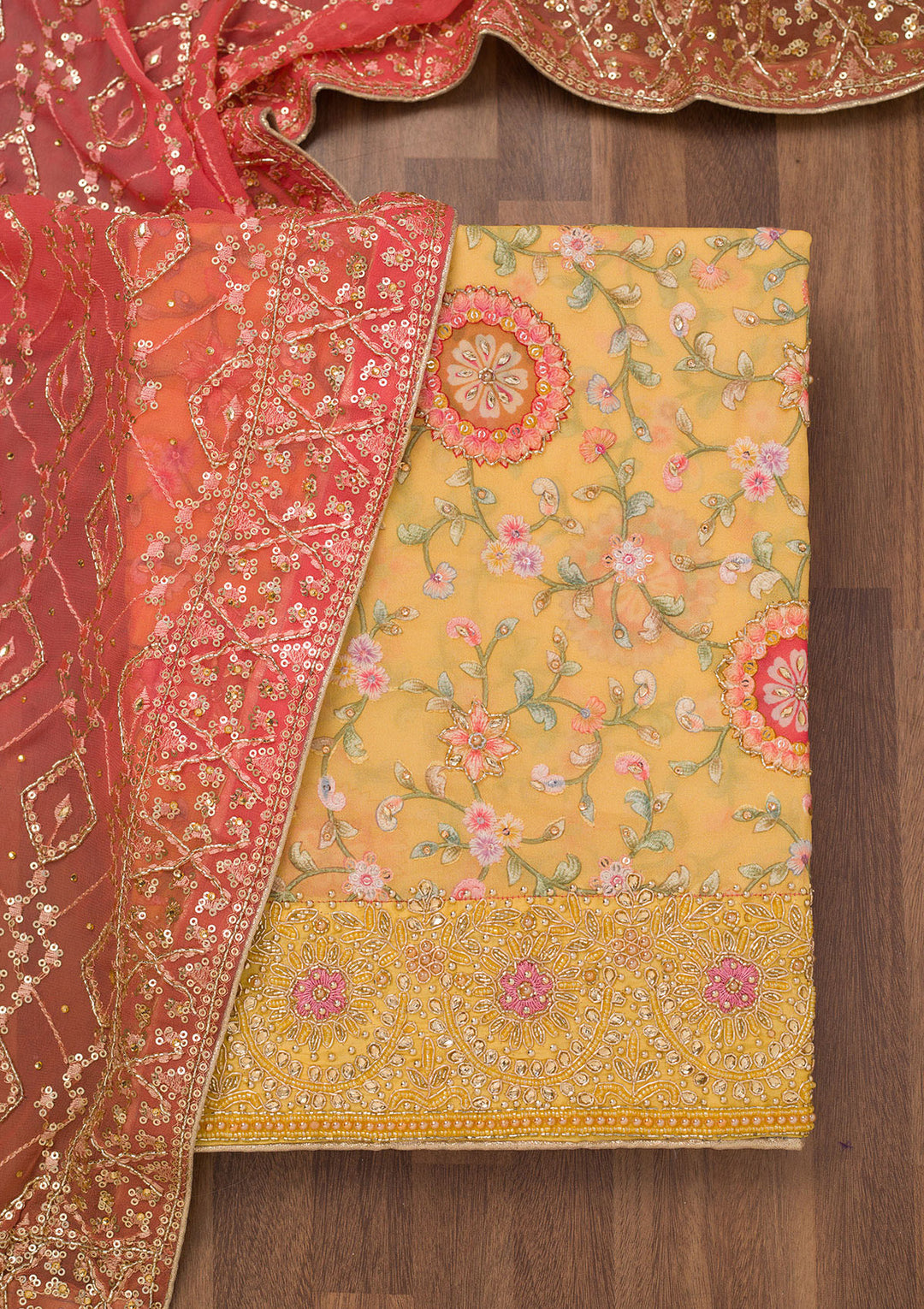 Yellow Crepe Gold Stonework Unstitched Dress Material With Matching Bottom And Dupatta