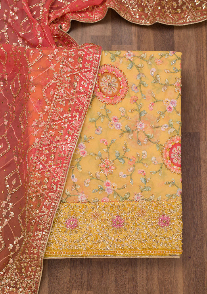 Yellow Crepe Gold Stonework Unstitched Dress Material With Matching Bottom And Dupatta