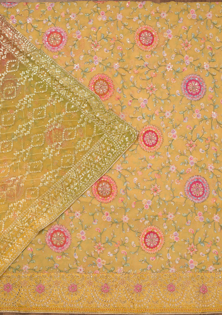 Yellow Crepe Gold Stonework Unstitched Dress Material With Matching Bottom And Dupatta