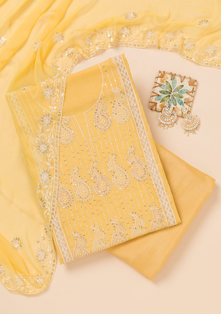 Yellow Threadwork Semi Crepe Unstitched Salwar Suit