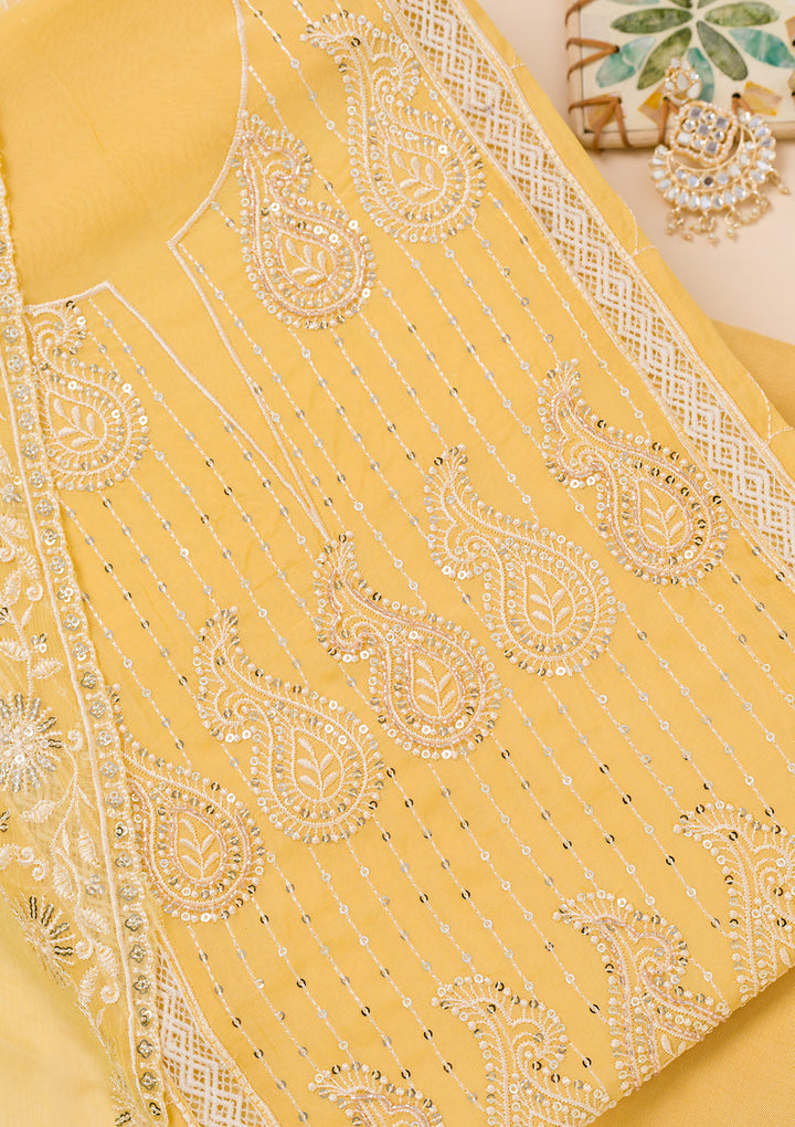 Yellow Threadwork Semi Crepe Unstitched Salwar Suit