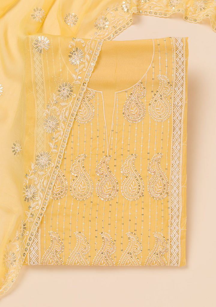 Yellow Threadwork Semi Crepe Unstitched Salwar Suit