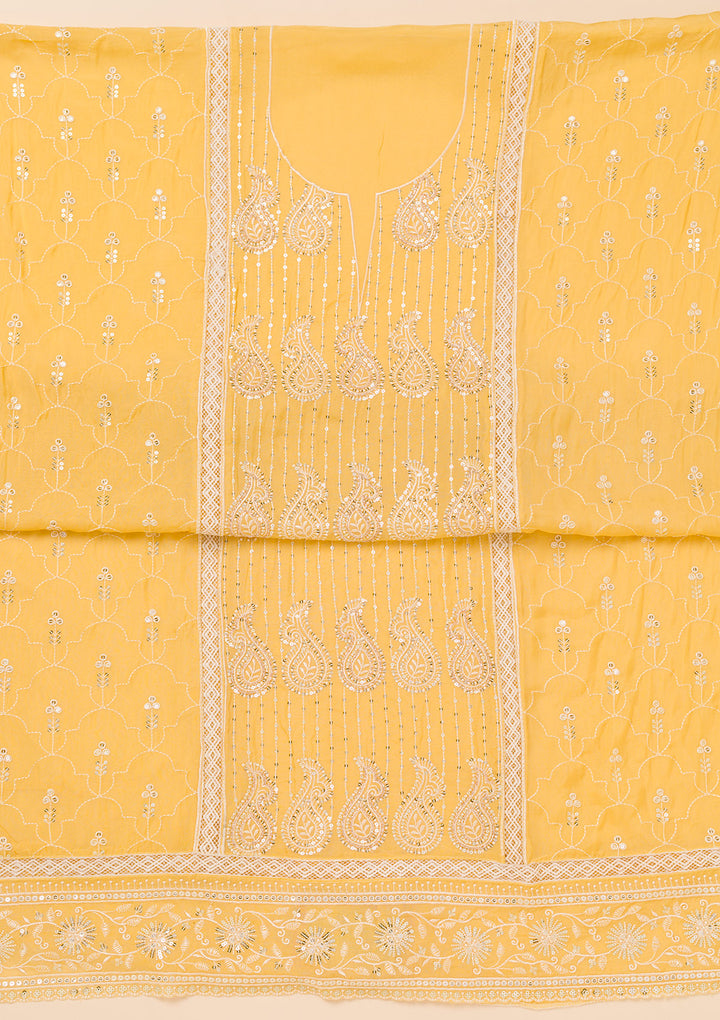 Yellow Threadwork Semi Crepe Unstitched Salwar Suit