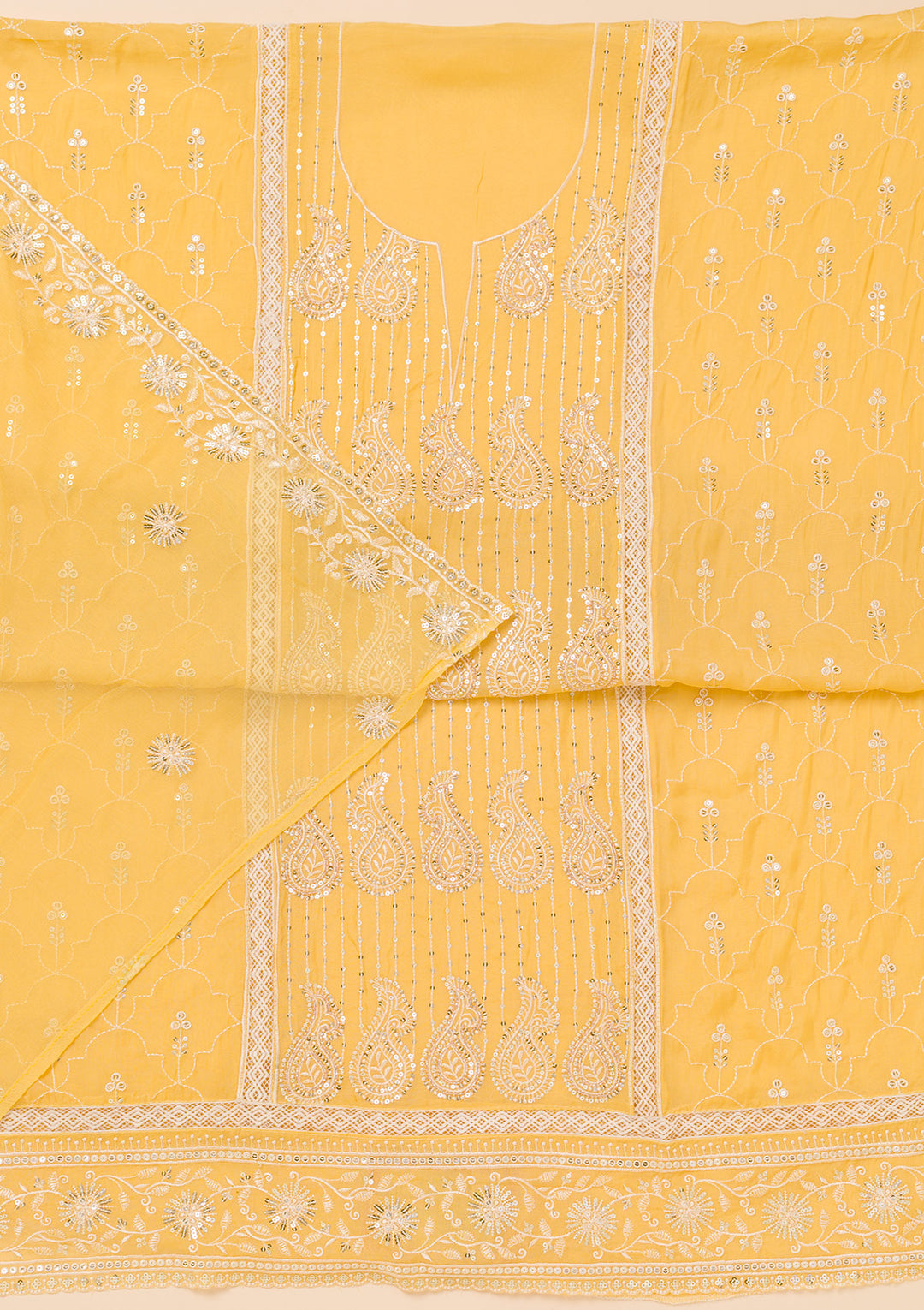 Yellow Threadwork Semi Crepe Unstitched Salwar Suit