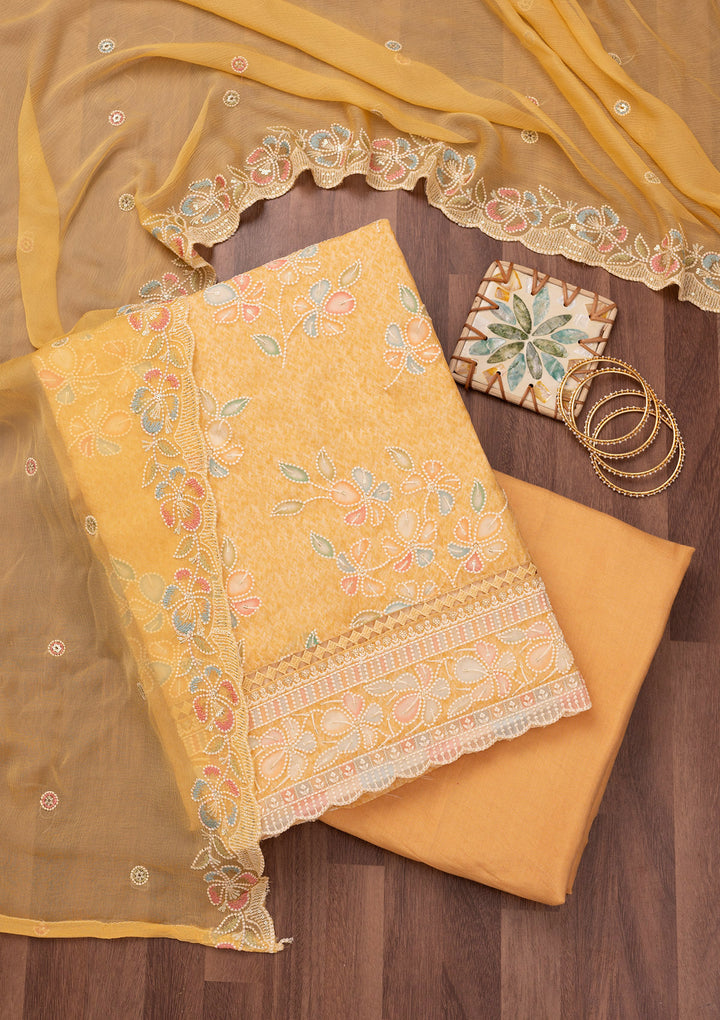 Yellow Threadwork Semi Crepe Unstitched Salwar Suit