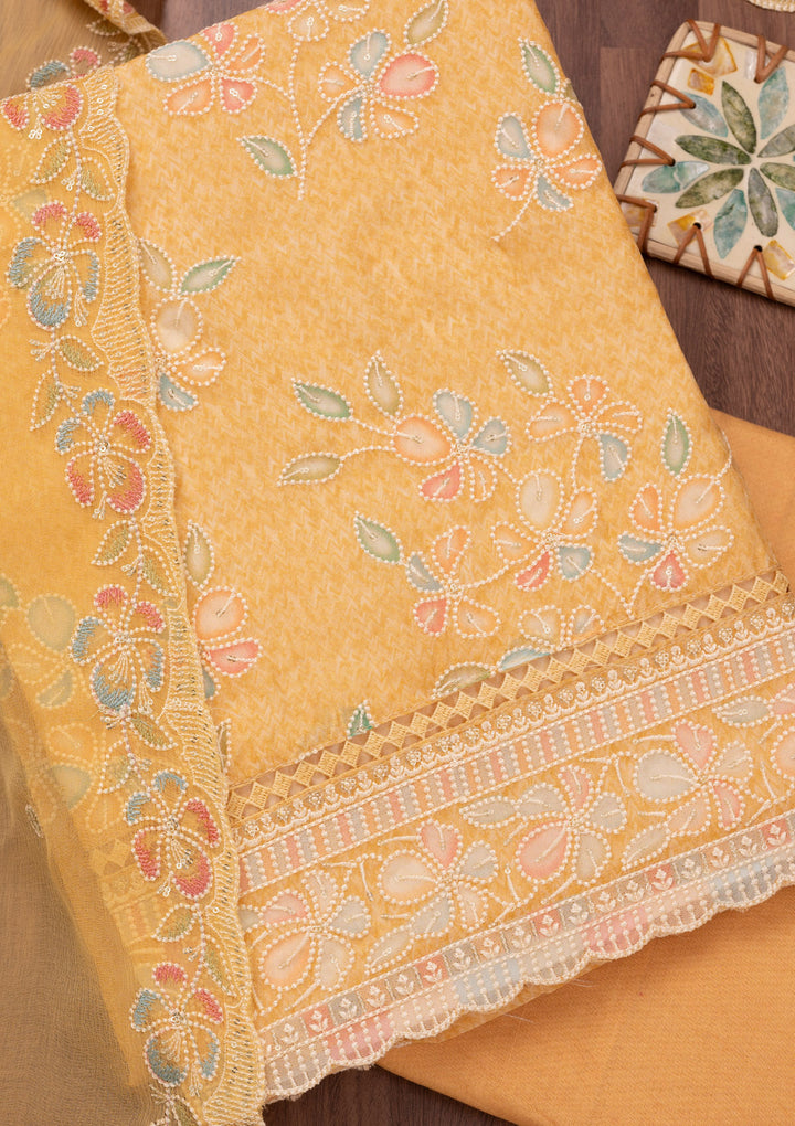 Yellow Threadwork Semi Crepe Unstitched Salwar Suit