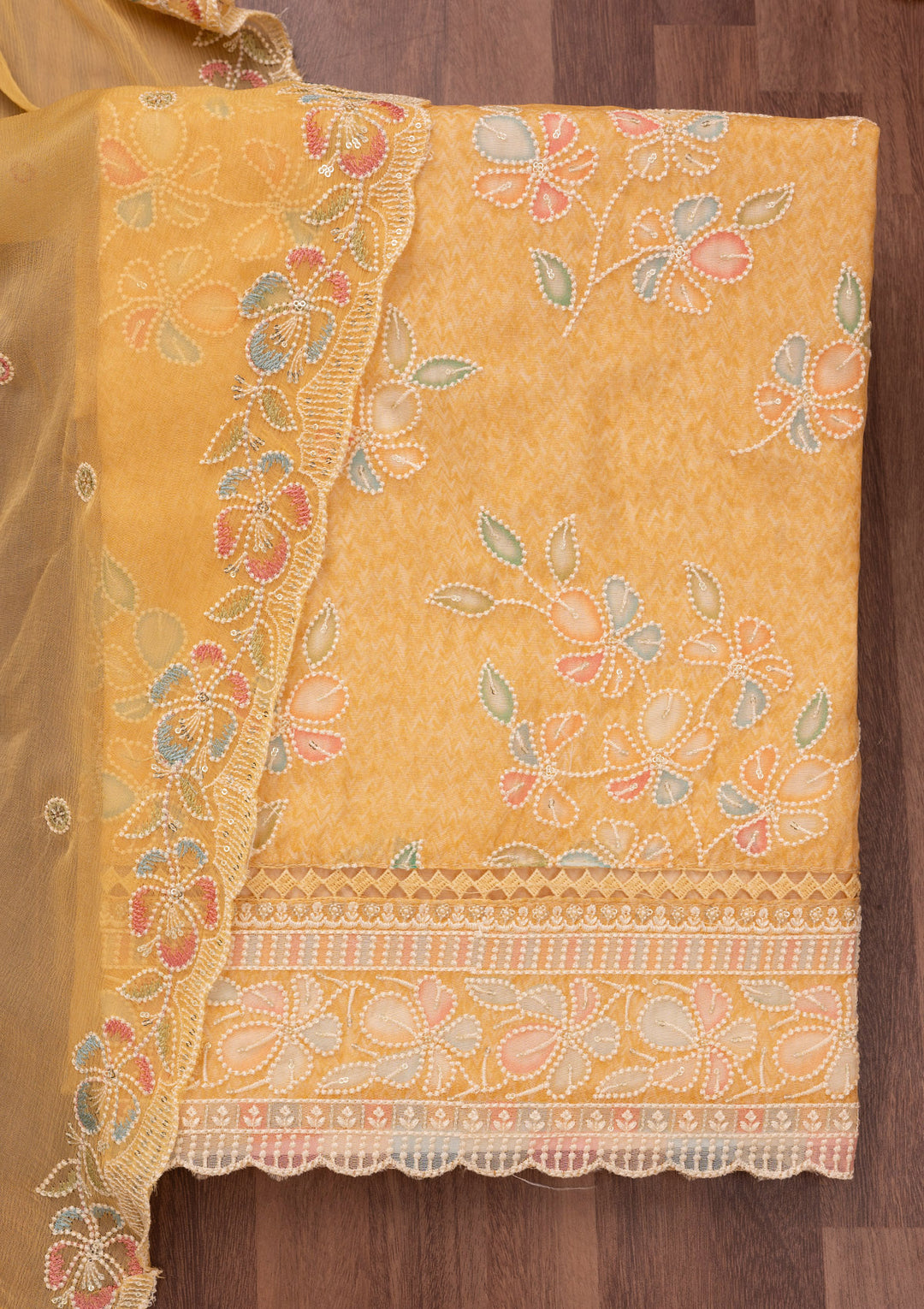 Yellow Threadwork Semi Crepe Unstitched Salwar Suit