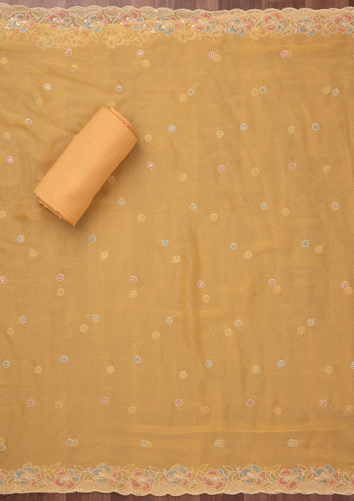 Yellow Threadwork Semi Crepe Unstitched Salwar Suit