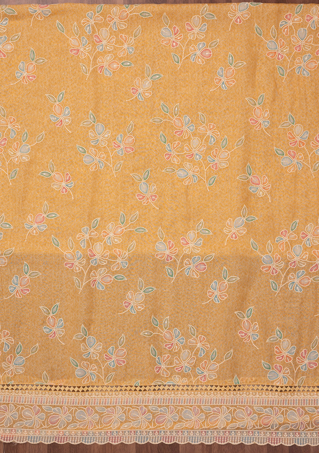 Yellow Threadwork Semi Crepe Unstitched Salwar Suit