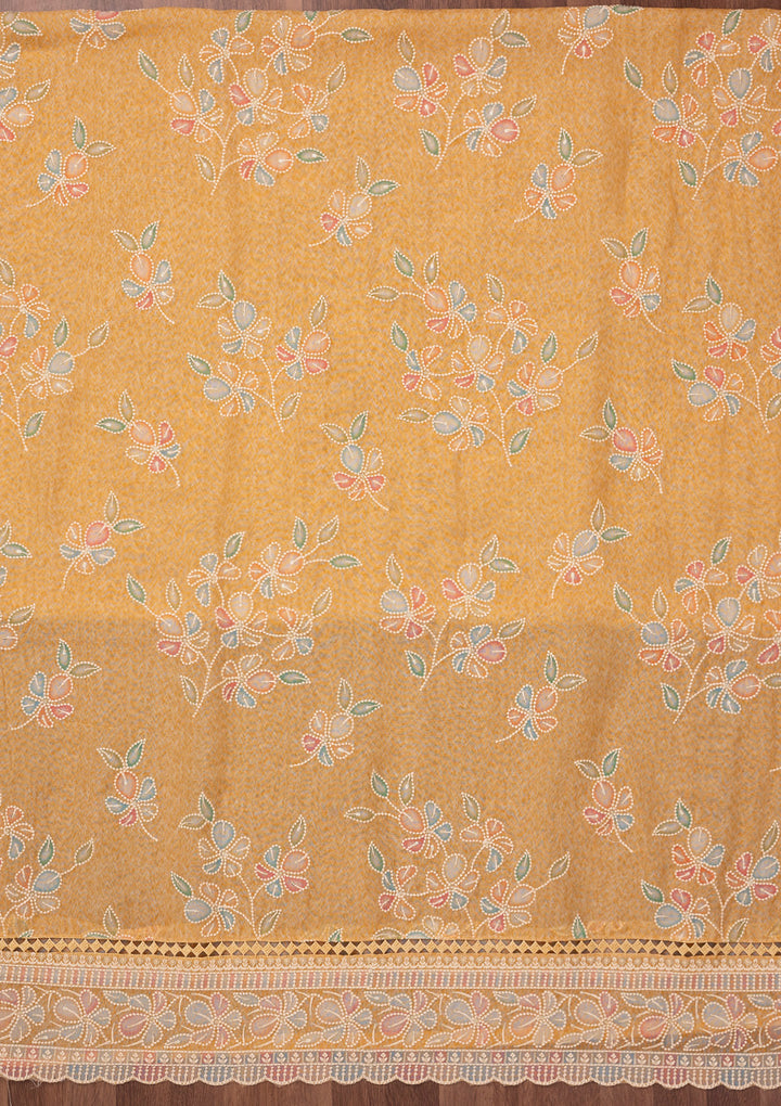 Yellow Threadwork Semi Crepe Unstitched Salwar Suit