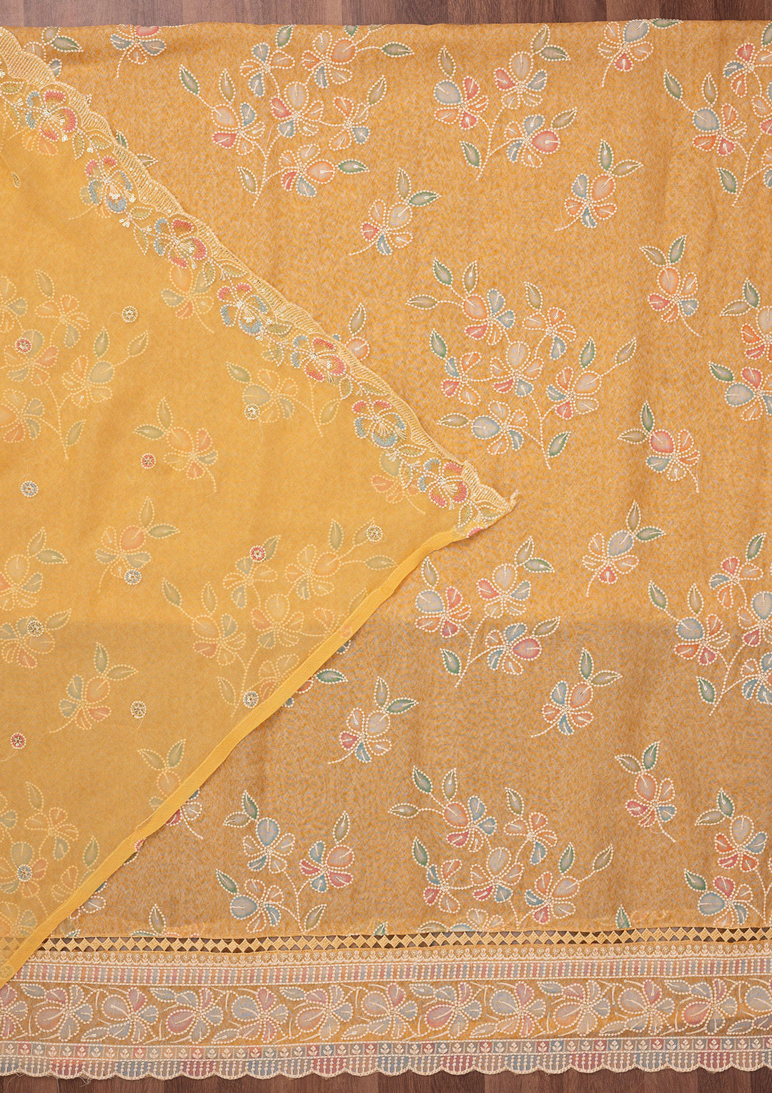 Yellow Threadwork Semi Crepe Unstitched Salwar Suit