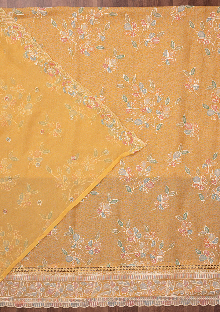 Yellow Threadwork Semi Crepe Unstitched Salwar Suit