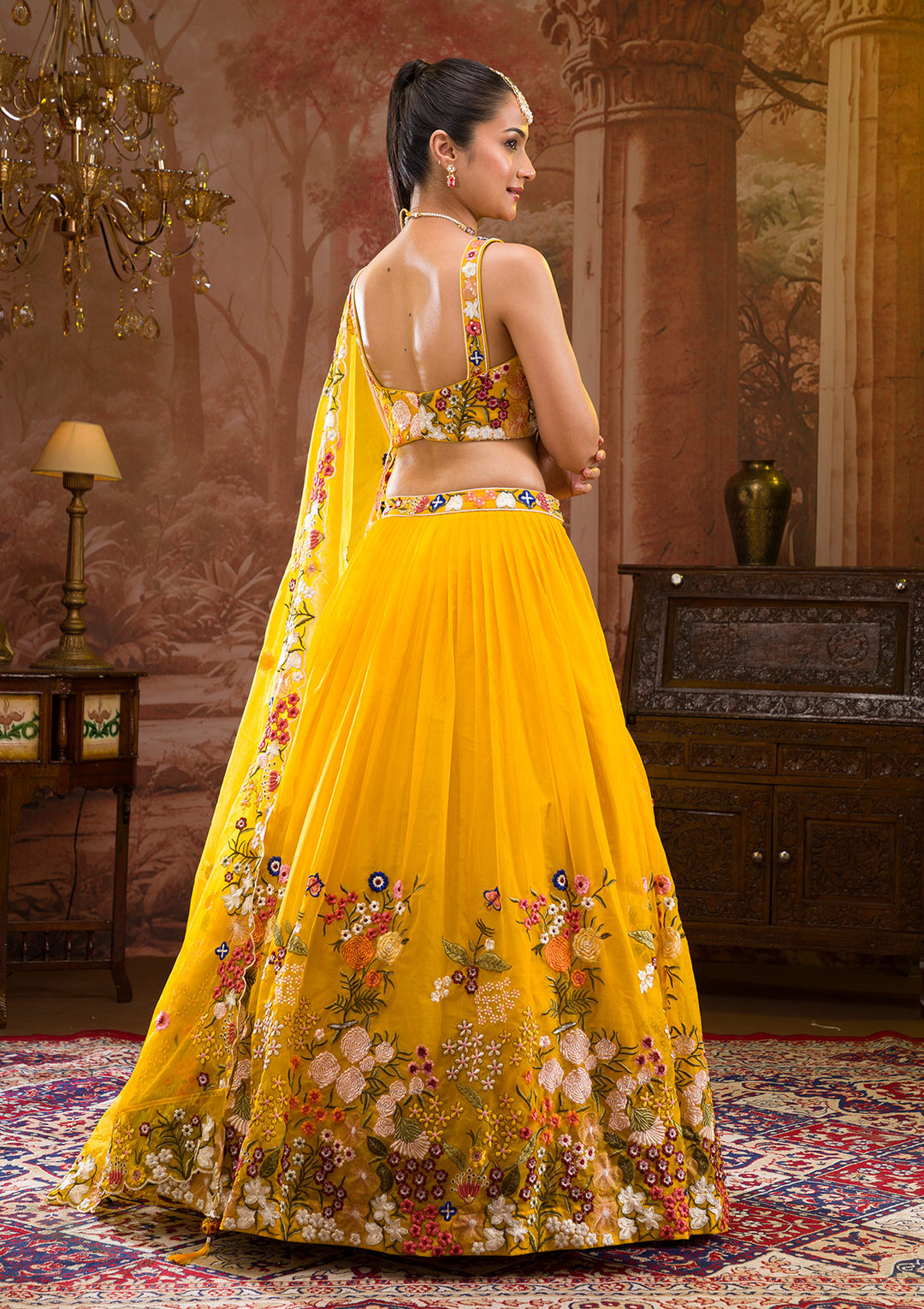 Yellow Threadwork Tissue Readymade Lehenga
