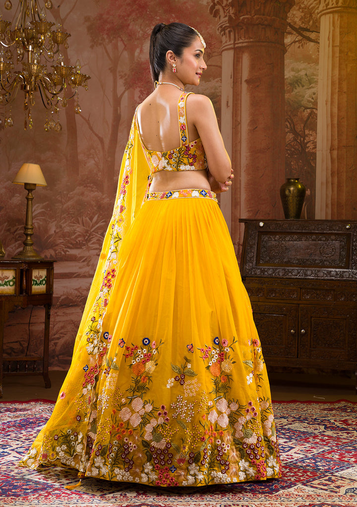Yellow Threadwork Tissue Readymade Lehenga