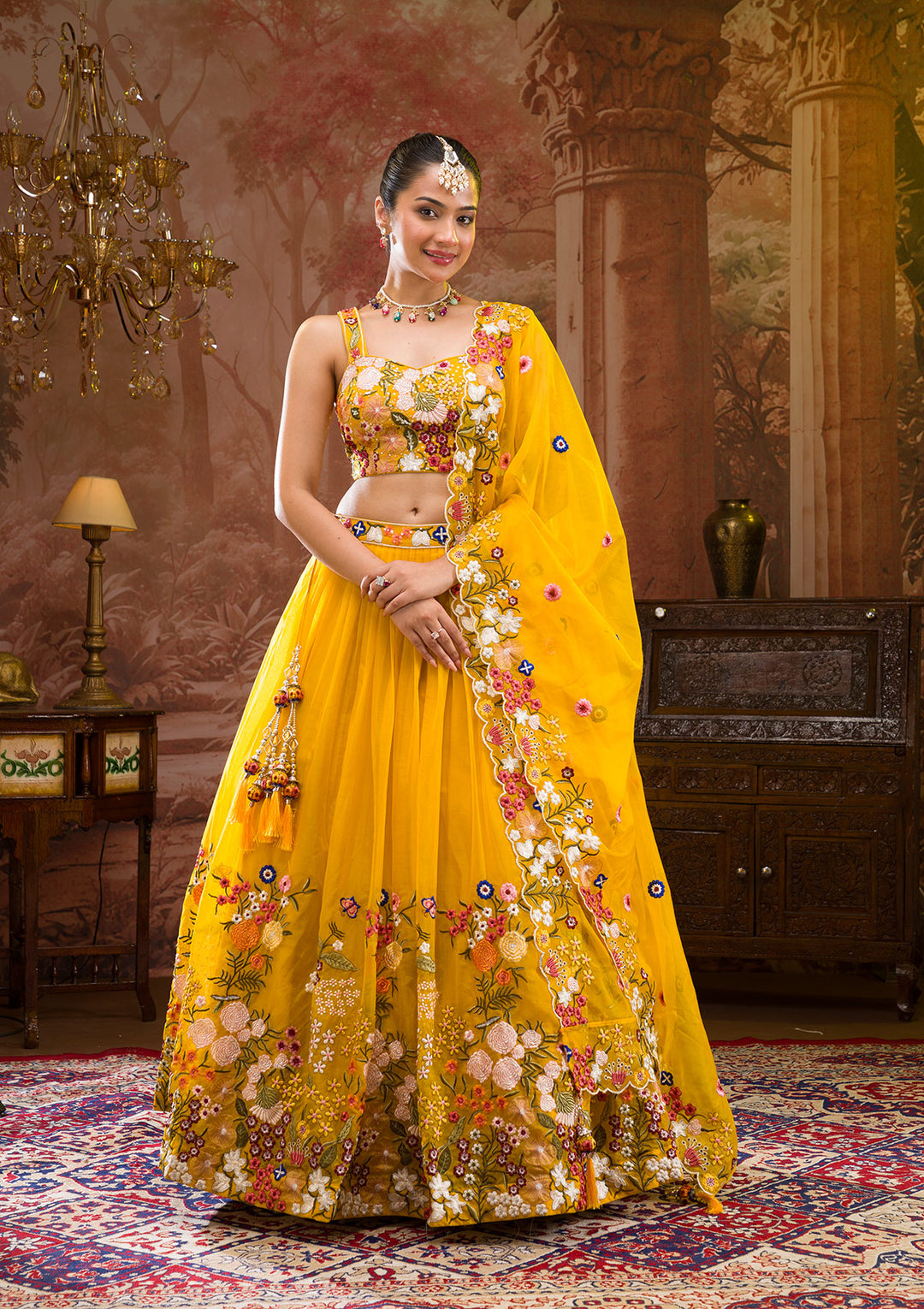 Yellow Threadwork Tissue Readymade Lehenga