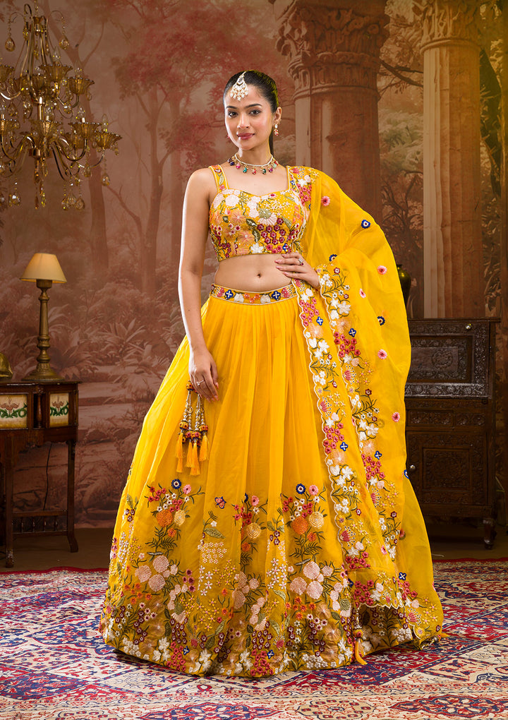 Yellow Threadwork Tissue Readymade Lehenga