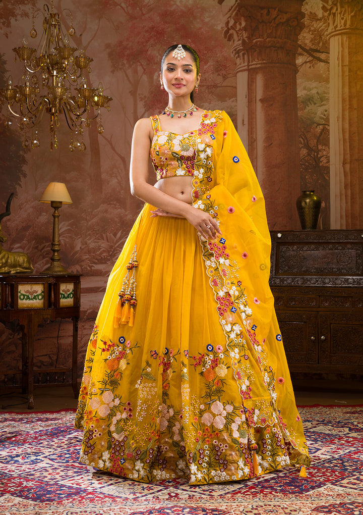 Yellow Threadwork Tissue Readymade Lehenga