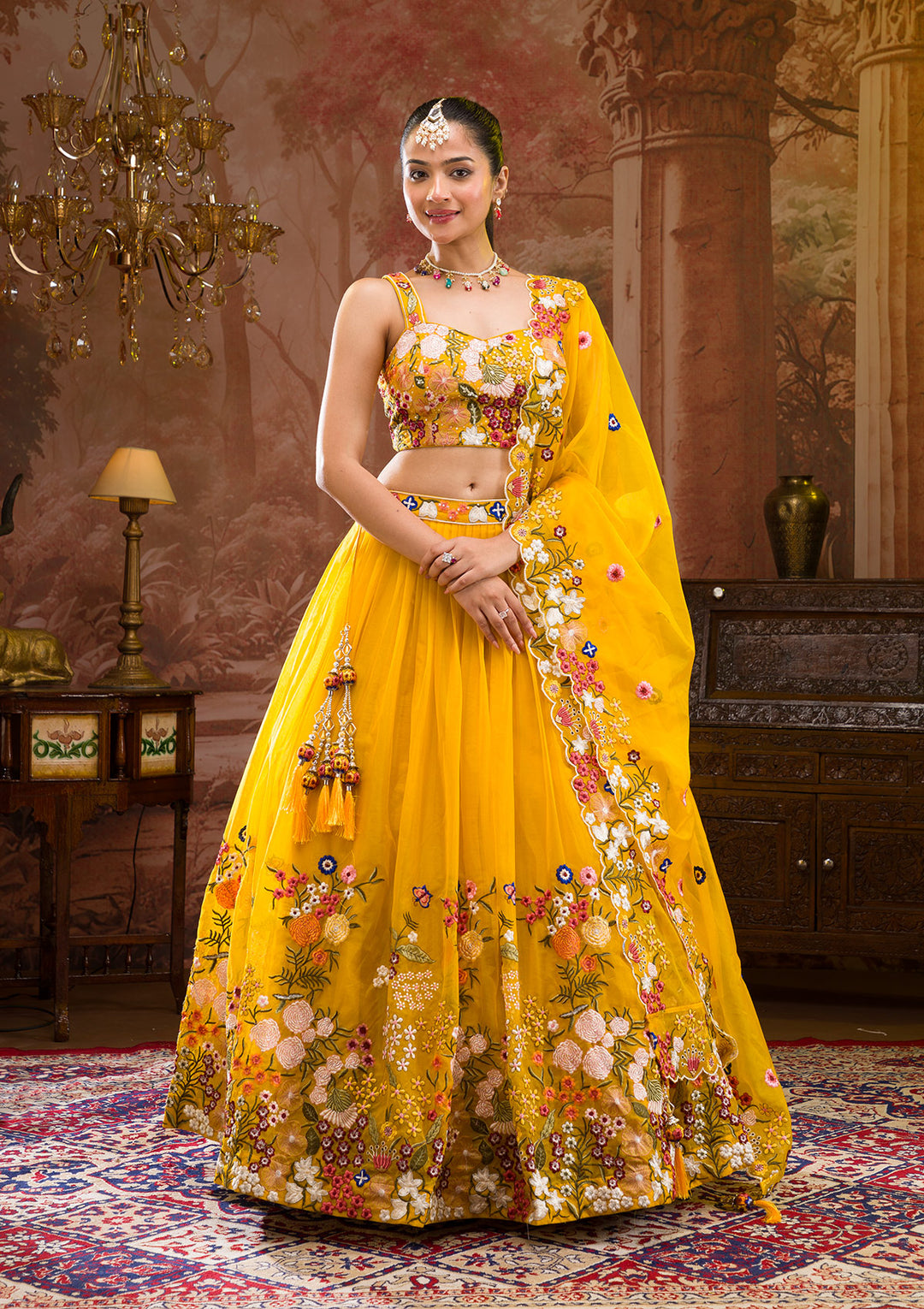 Yellow Threadwork Tissue Readymade Lehenga