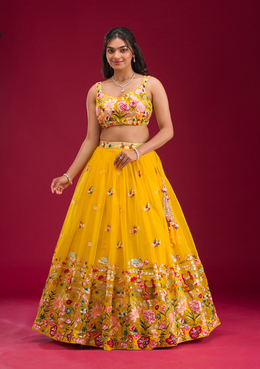 Yellow Threadwork Tissue Readymade Lehenga