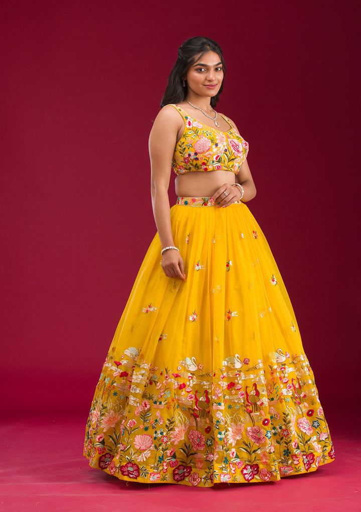 Yellow Threadwork Tissue Readymade Lehenga