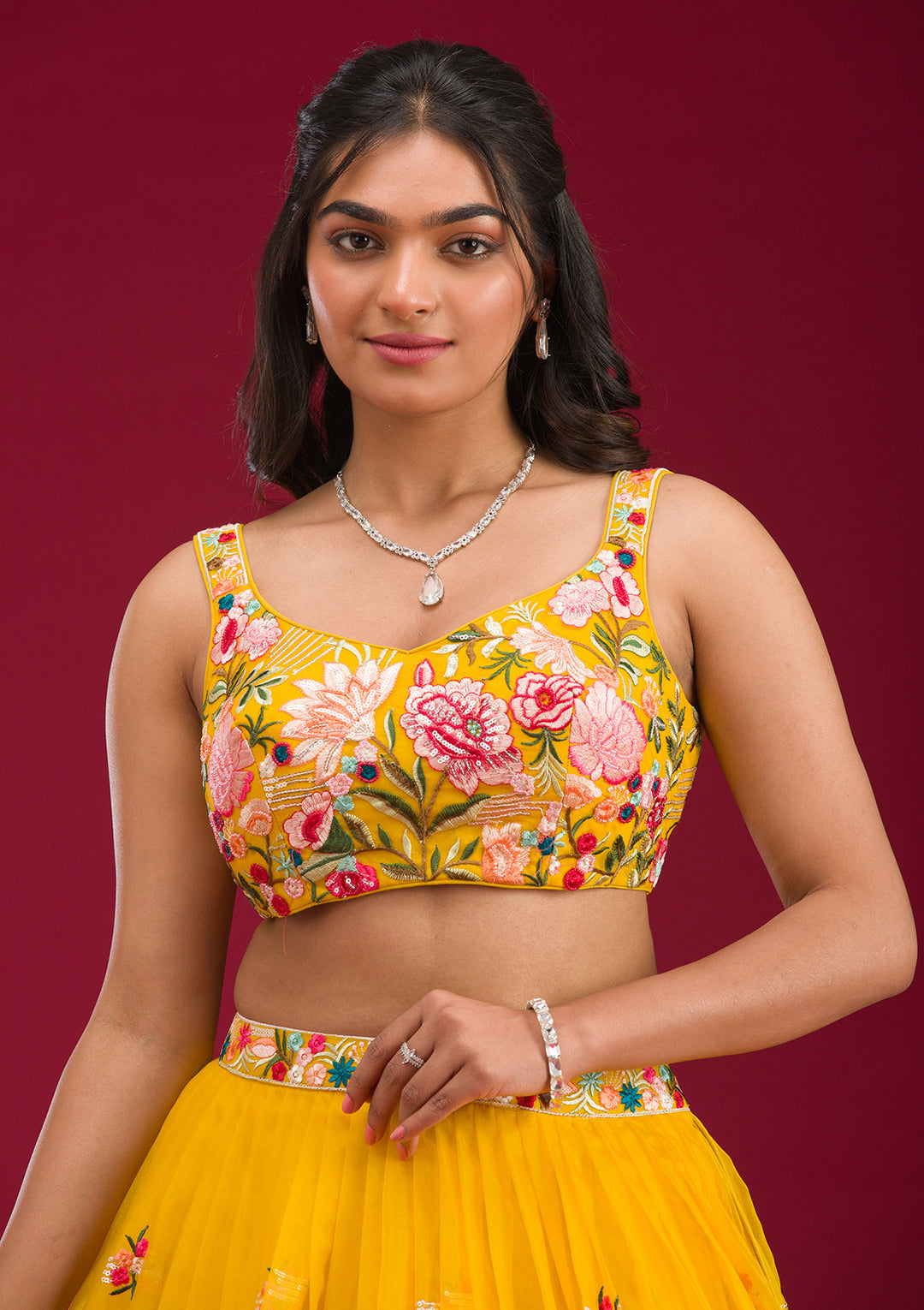 Yellow Threadwork Tissue Readymade Lehenga