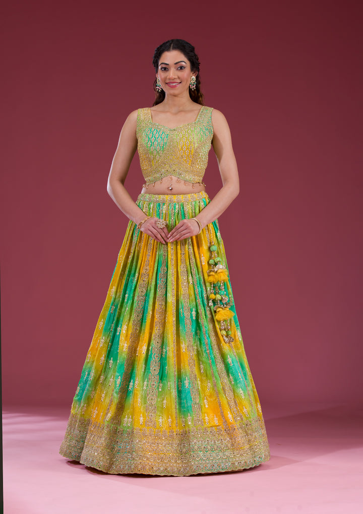 Yellow Zariwork Semi Crepe Readymade Lehenga