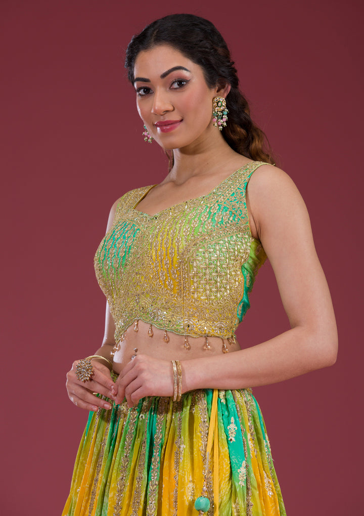 Yellow Zariwork Semi Crepe Readymade Lehenga