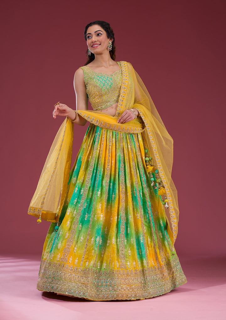 Yellow Zariwork Semi Crepe Readymade Lehenga