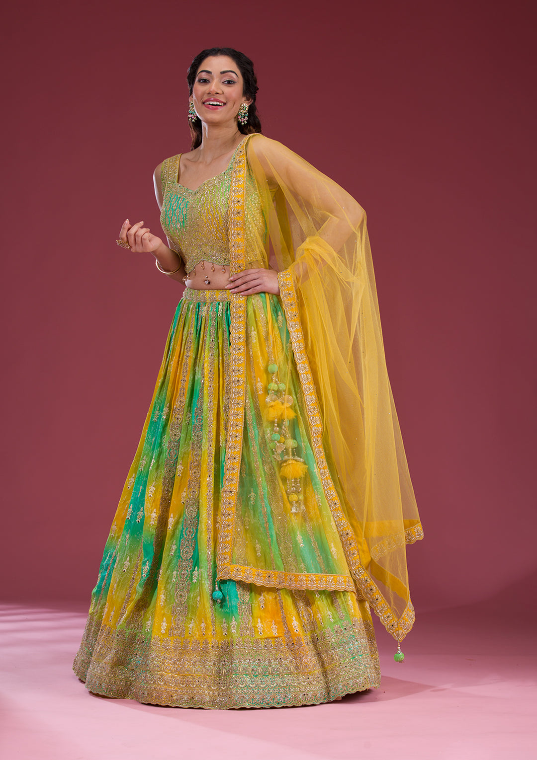 Yellow Zariwork Semi Crepe Readymade Lehenga
