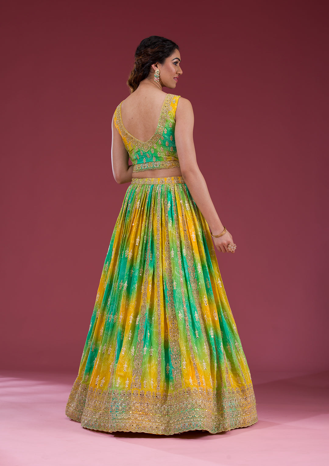 Yellow Zariwork Semi Crepe Readymade Lehenga