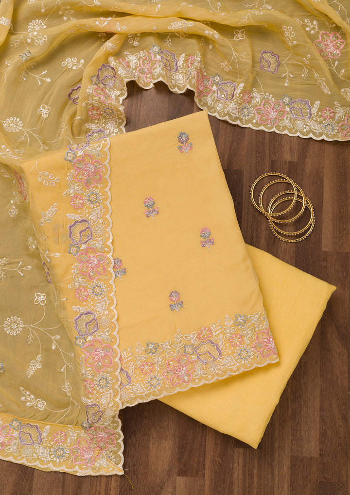 Yellow Organza Threadwork Unstitched Dress Material With Matching Bottom And Dupatta