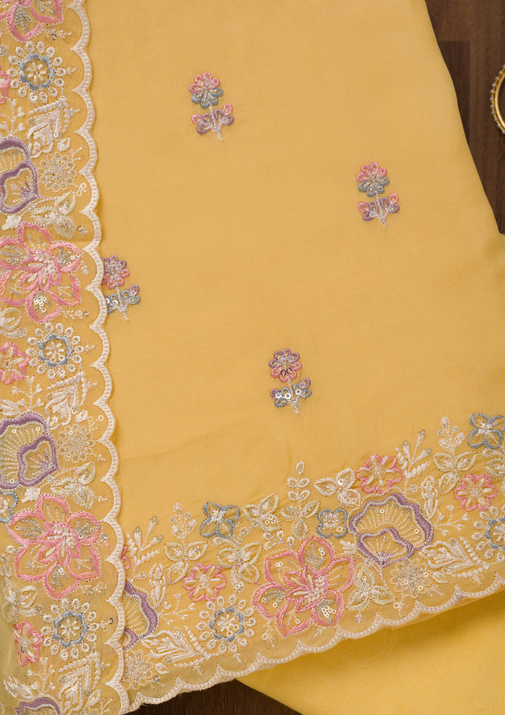 Yellow Organza Threadwork Unstitched Dress Material With Matching Bottom And Dupatta
