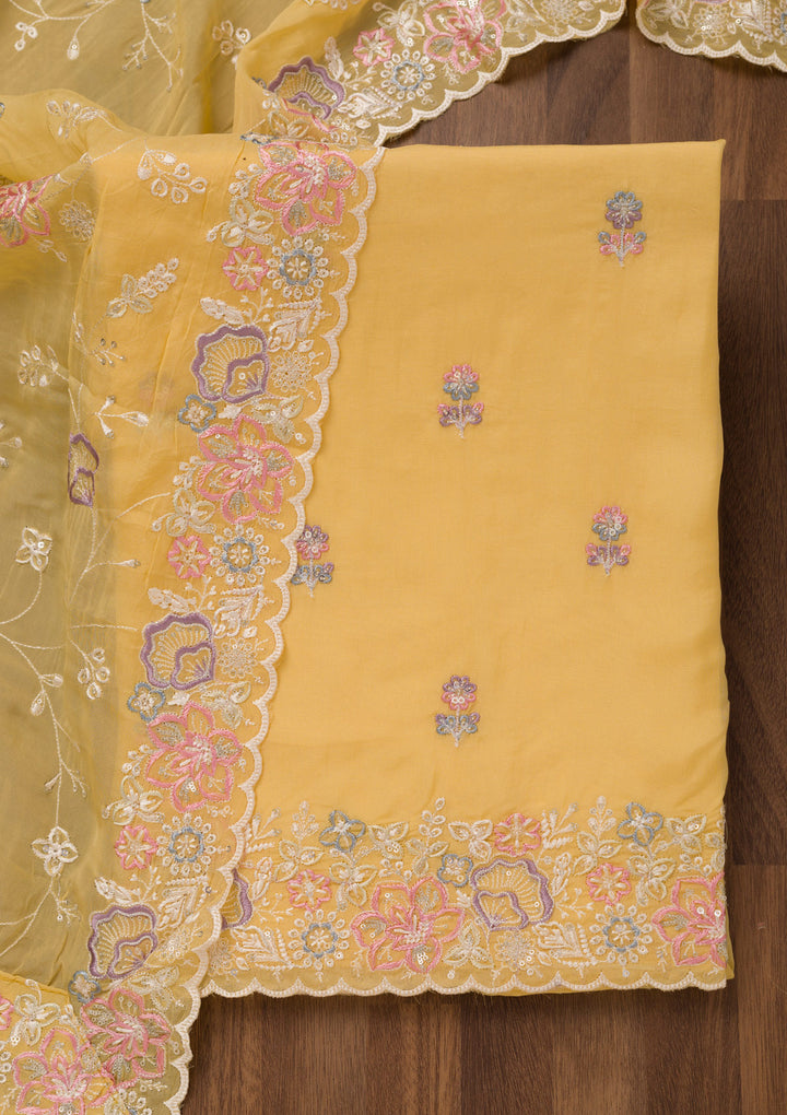 Yellow Organza Threadwork Unstitched Dress Material With Matching Bottom And Dupatta